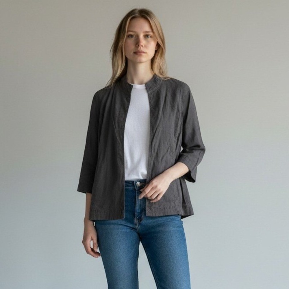 Eileen Fisher Grey Linen Blend Open Front Jacket Women's Small